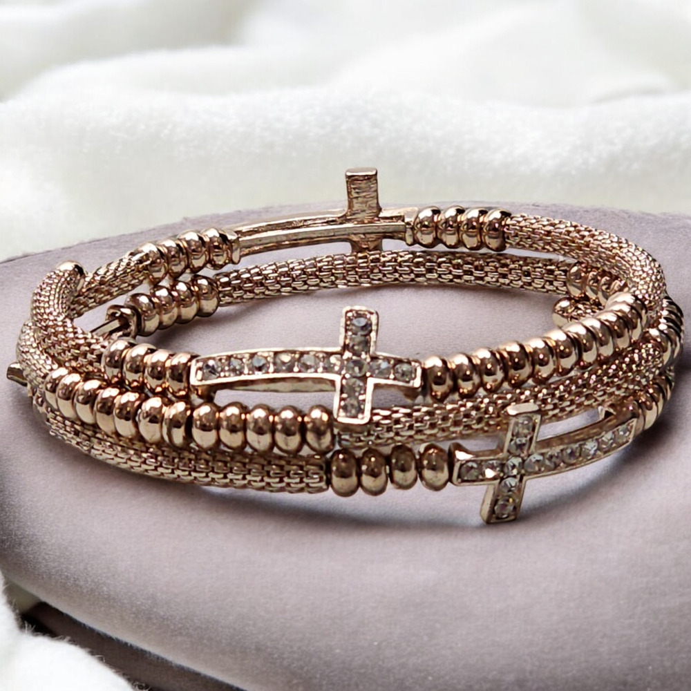 Memory Wire Bracelet Cross Rose Gold Tone Christian Catholic Religous - Picture 1 of 3